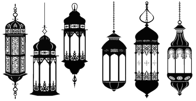 Vecteur fanous ligne lanterne lampes arabes silhouettes vintage égyptienne marocaine dubaï lampe orientale