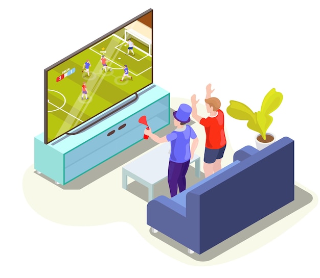 Vecteur fans regardant la traduction d'un match de football à la télévision à la maison vector illustration isométrique football en direct sur ...