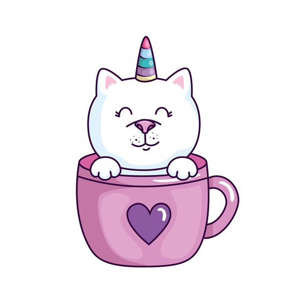 Fantaisie de licorne chat mignon dans la conception d'illustration vectorielle tasse