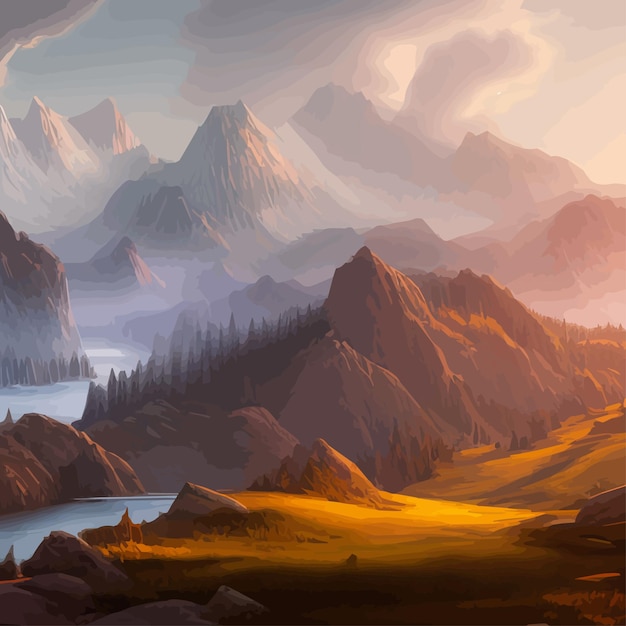 Vecteur fantastique épique paysage de montagne magique nature d'été vallée mystique avec jeu de forêt et de rivière