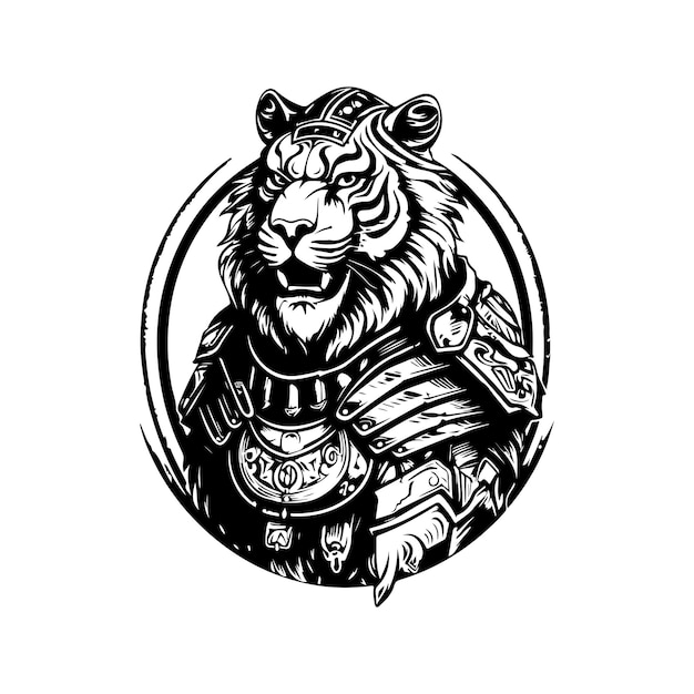 Fantastique tigre guerrier vintage logo ligne art concept noir et blanc couleur illustration dessinée à la main