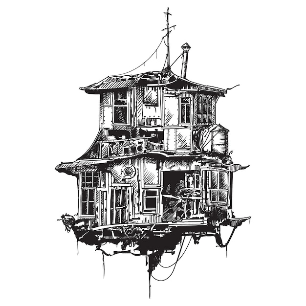 Fantastique vieille maison volante de style steampunk. Illustration vectorielle isolée sur fond blanc