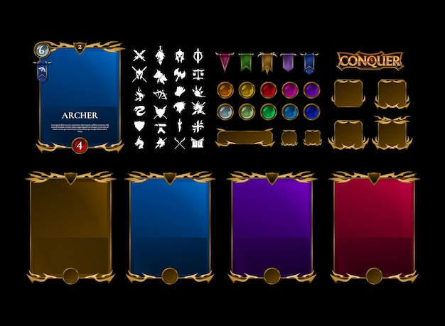 Fantasy Trading Card Game Template Gold Blue Purple Red RPG Symbol Kit in Medieval Style