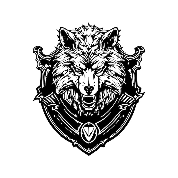 Fantasy wolf warrior vintage logo ligne art concept noir et blanc couleur illustration dessinée à la main