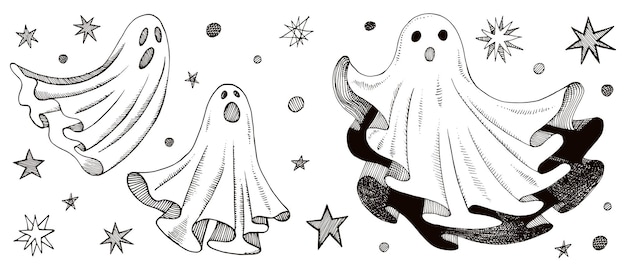 Fantôme Halloween animal Vector Hand Drawn Line art Sketch Illustration