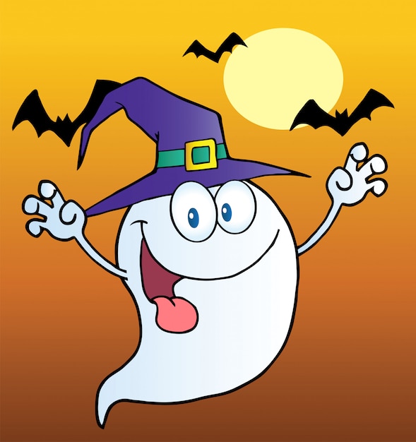 Fantôme Spooky portant un chapeau de sorcière sur des chauves-souris sur Orange