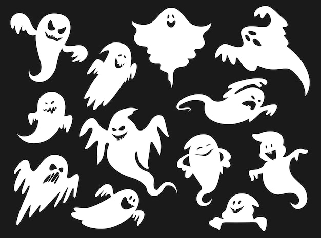 Vecteur fantômes effrayants et effrayants de bande dessinée d'halloween, monstres d'esprit et de goule, silhouettes blanches vectorielles. halloween vacances drôles mignons fantômes boo ou poltergeist avec un sourire ou des visages souriants et effrayants