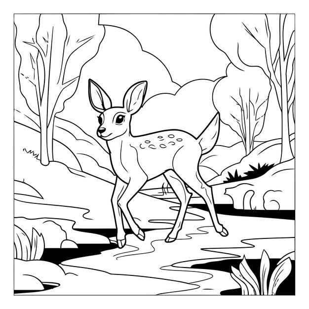 Vecteur faon dans la forêt illustration vectorielle en noir et blanc pour livre à colorier