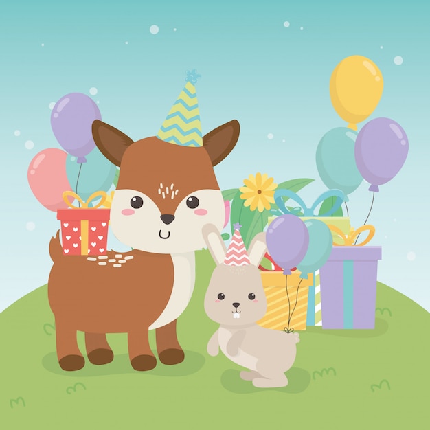 Faon Et Lapin Mignon Dans La Scène De Fête D'anniversaire