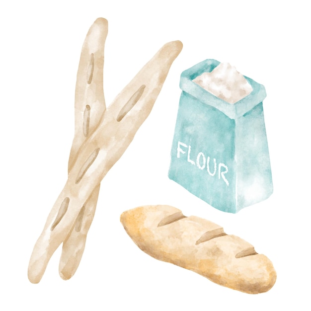 Farine et pain d'aquarelle de boulangerie