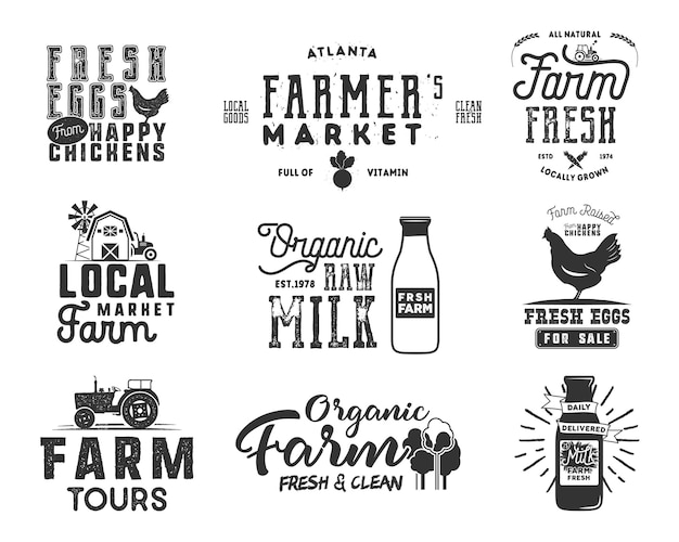 Farmer S Market, Aliments Biologiques, Lait Et œufs Badges Fixés. Créations De Logos De Produits Frais Et Locaux. Insigne De Ferme écologique Typographique Dans Un Style Monochrome. Isolé Sur Fond Blanc. Patchs Vectoriels.