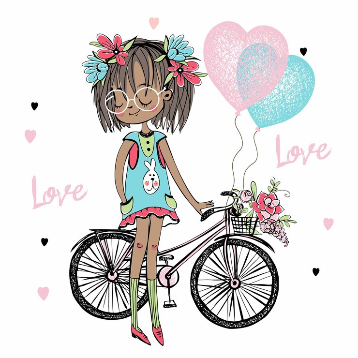 Fashionista mignonne adolescente à la peau foncée un vélo et des ballons avec des coeurs