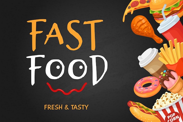 Fast food bannière cartoon hot dog popcorn beignet café pizza poulet cola restaurant flyer
