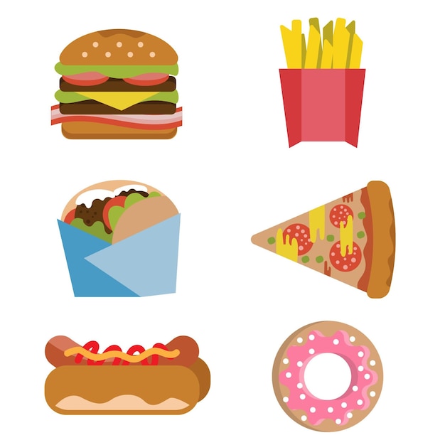 Fast-food Hamburger Frites Hot Dog Beignet Plat Vector Ensemble