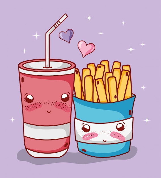 Fast Food Mignon Frites Françaises Et Tasse En Plastique Soda Paille Amour Dessin Animé