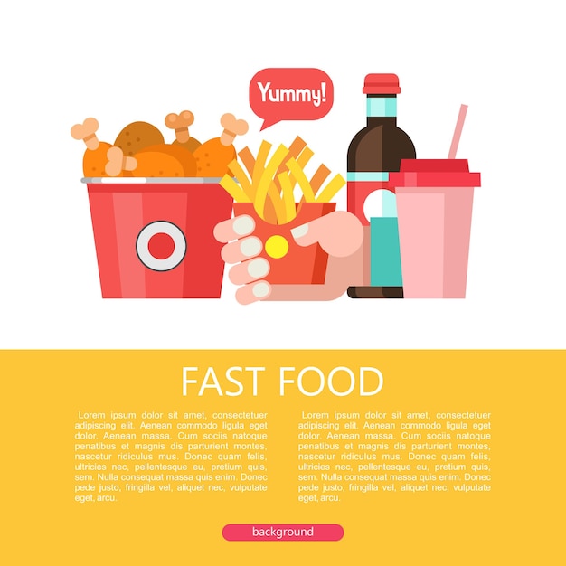Fast food. Nourriture délicieuse. Illustration vectorielle dans un style plat. Un ensemble de plats de restauration rapide populaires. Seau avec cuisses de poulet frites, frites, boisson et milkshake.