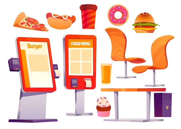 Vecteur fastfood de dessin animé avec des objets auto-kiosque