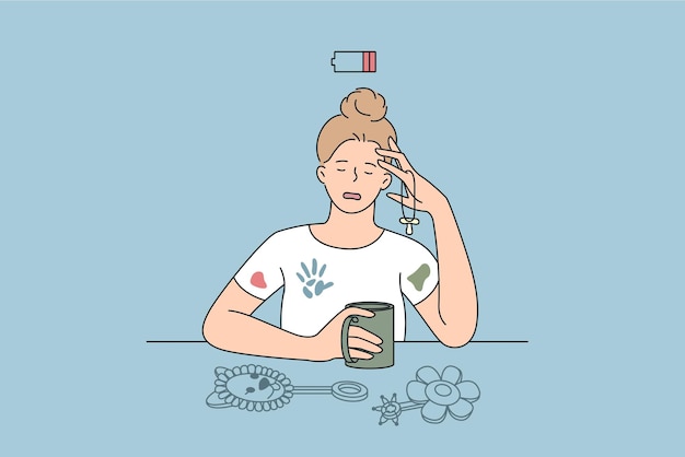 La Fatigue Et Le Stress Du Concept De Jeune Mère. Jeune Femme Mère Assise Avec Une Boisson Chaude Se Sentant à Faible énergie Stressée Illustration Vectorielle épuisé