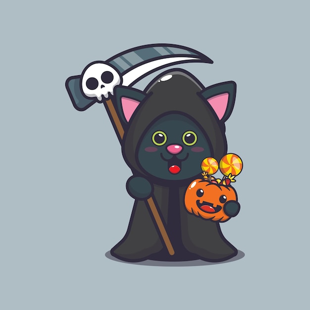 Faucheuse De Chat Mignon Tenant Une Citrouille D'halloween Illustration De Dessin Animé Mignon D'halloween