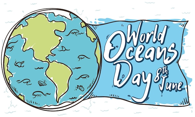 Vecteur faune marine et globe en style doodle pour la journée des océans