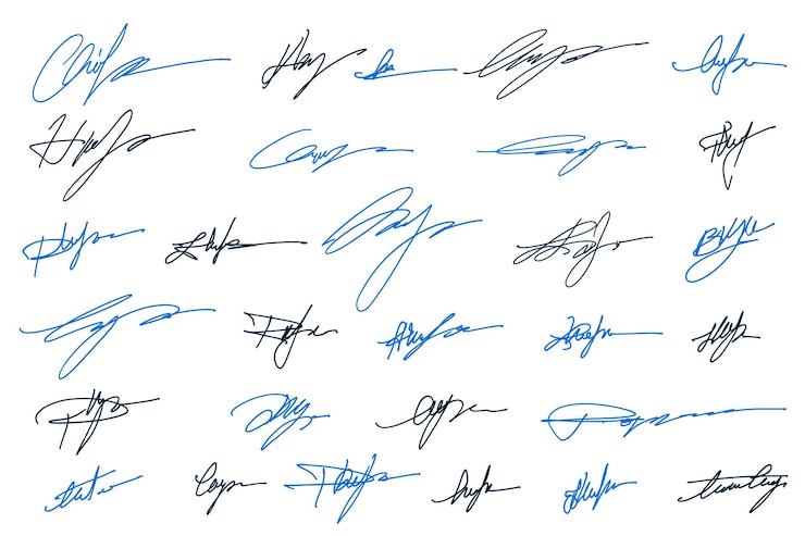 Vecteur fausse signature griffonnée manuscrite en encre ensemble d'autographes à l'encre signatures griffonnées imaginaires