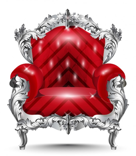 Vecteur fauteuil baroque en argent ornement. mobilier vintage riche décor sculpté. revêtement rouge vect