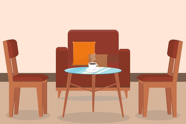 Fauteuil et chaises près de la table avec une tasse de café à la maison ou dans un café