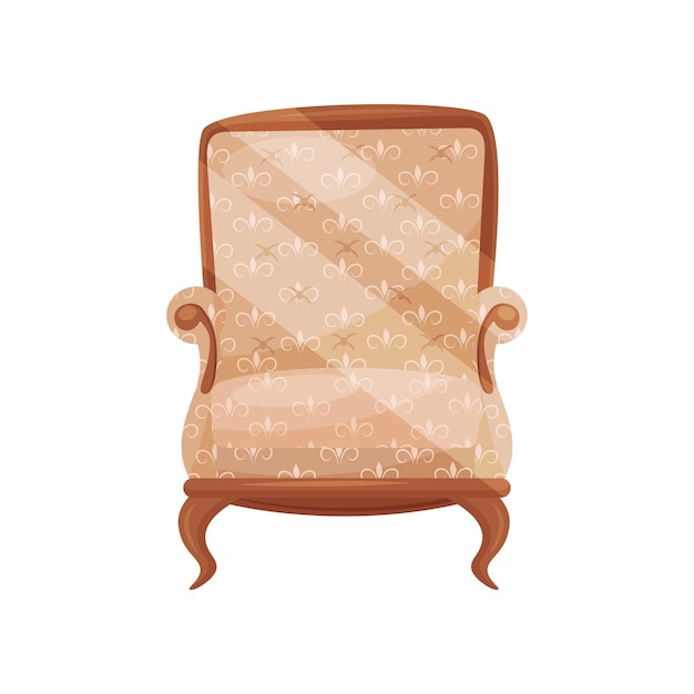 Vecteur fauteuil confortable en bois pour salon, chaise confortable avec garniture beige douce, mobilier classique plat