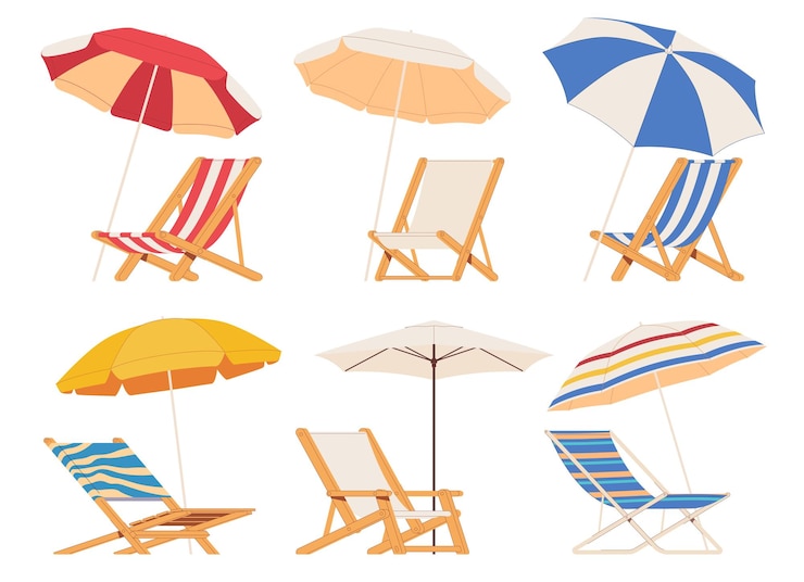 Vecteur fauteuil de plage avec parapluie vacances d'été au bord de la mer jours chauds et ensoleillés d'été en vacances