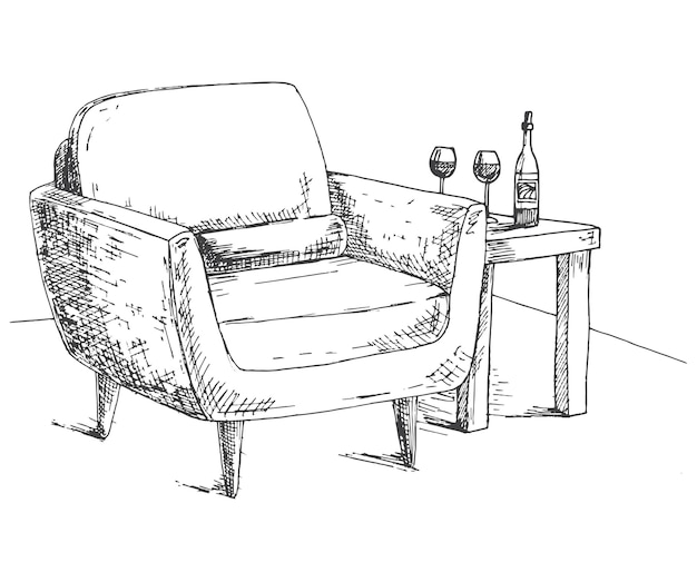 Vecteur fauteuil table basse avec un verre et une bouteille illustration vectorielle dessinés à la main d'un style de croquis