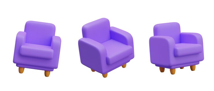Fauteuil violet vectoriel avec des jambes en bois Fauture douce réaliste dans différentes positions