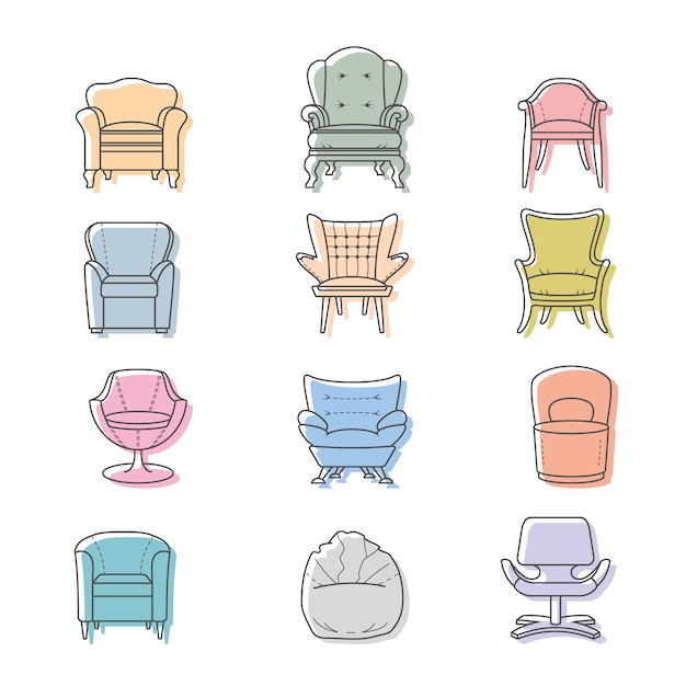 Fauteuils colorés vector ensemble d'icônes isolé