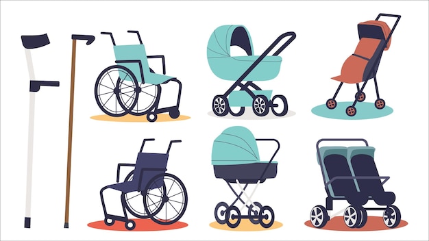 Vecteur fauteuils roulants réalistes béquilles poussettes et landaus pour enfants ensemble de problème de mobilité réduite