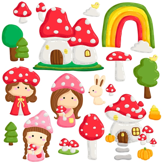 Fée Mignonne Sur Les Maisons De Champignons Forestiers Doodle