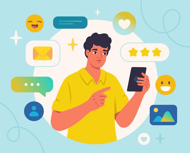 Feedback dans le concept des médias sociaux Homme avec smartphone près de réactions Commentaires évaluations et classements Élément graphique pour le site Web Illustration vectorielle plate isolée sur fond blanc