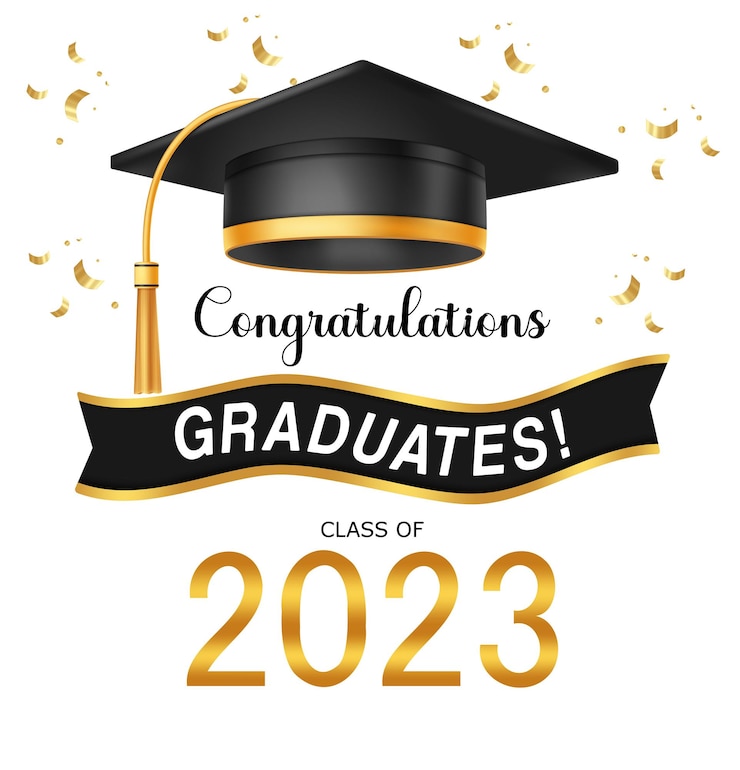 Vecteur félicitations à la conception de vecteur de texte de salutation classe de diplômés de 2023 sur ruban noir avec isolé