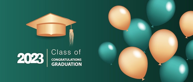 Vecteur félicitations pour votre diplôme de l'école classe de 2023 chapeau de graduation confettis et ballons bannière de félicitations academy of education school of learning