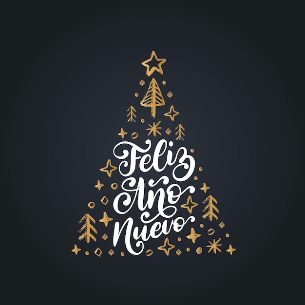 Feliz Ano Nuevo, Phrase Manuscrite, Traduite De L'espagnol Bonne Année. Illustration Vectorielle D'épinette De Noël.