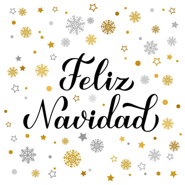 Feliz Navidad calligraphie lettres à la main avec de l'or et de l'argent flocons de neige étoiles et points Bonne Noël affiche typographie en espagnol modèle vectoriel pour carte de vœux bannière flyer etc.