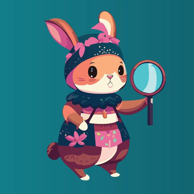 Vecteur une femelle lapin avec une robe à fleurs et une loupe mignonne