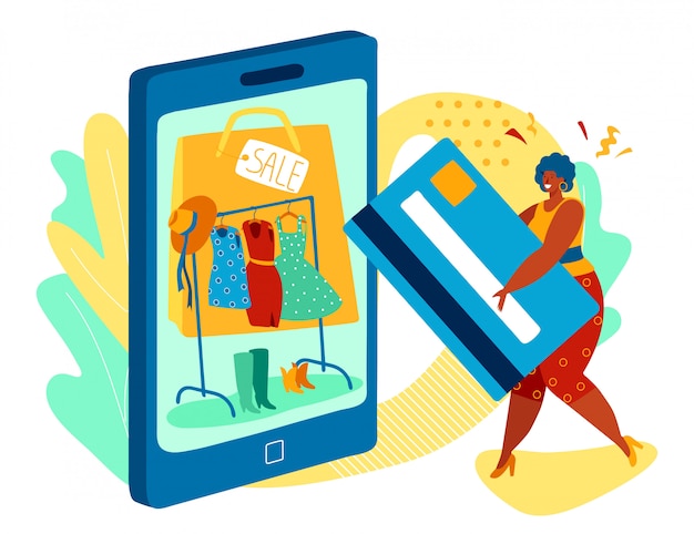 Vecteur femme, achats en ligne dans un magasin de vêtements de mode, illustration vectorielle de paiement par carte de crédit