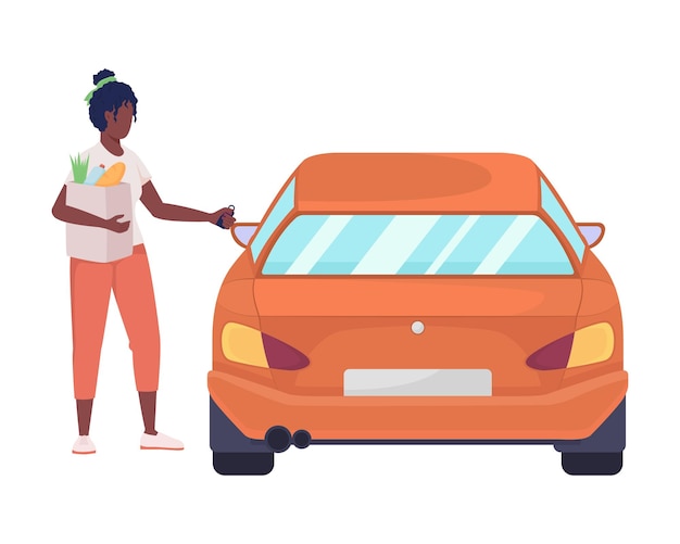 Femme Avec Achats Ouvrant Le Caractère Vectoriel De Couleur Semi-plat De La Voiture