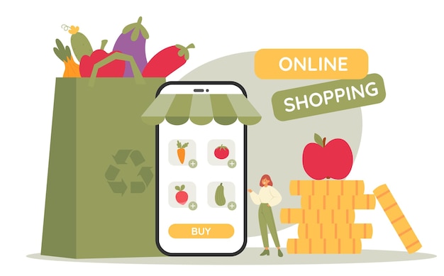 Femme achetant en ligne achète des légumes frais App sur l'écran du téléphone E-commerce Boutique en ligne Vecteur plat