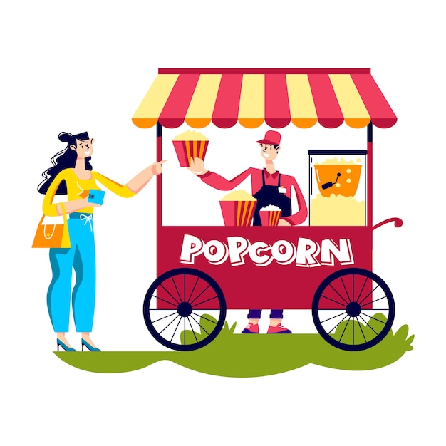 Femme Acheter Du Pop-corn Au Kiosque De La Rue.