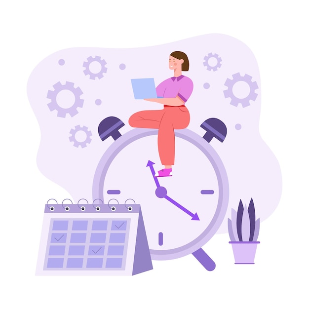 Femme active assise sur une grande horloge et planifiant