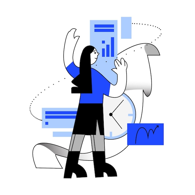 Vecteur femme active professionnelle faisant le travail à temps bon processus d'affaires dame effectuant différentes tâches au travail efficacité de la gestion du temps illustration vectorielle plate en couleurs bleues