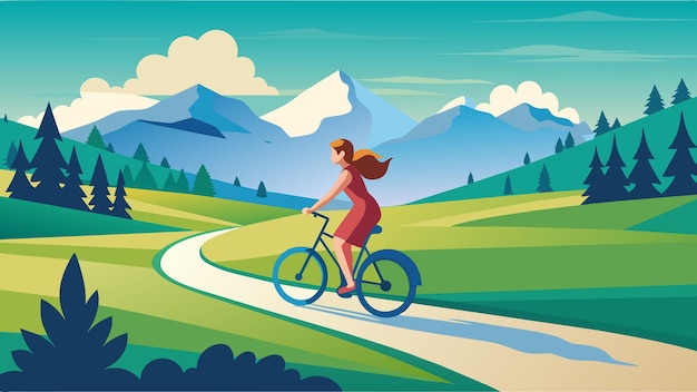 Vecteur femme active à vélo sur une illustration vectorielle de sentier de montagne pittoresque