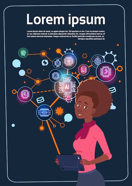 Vecteur femme d'affaires afro-américaine tenant présentation stand sur écran numérique avec des graphiques et graphique