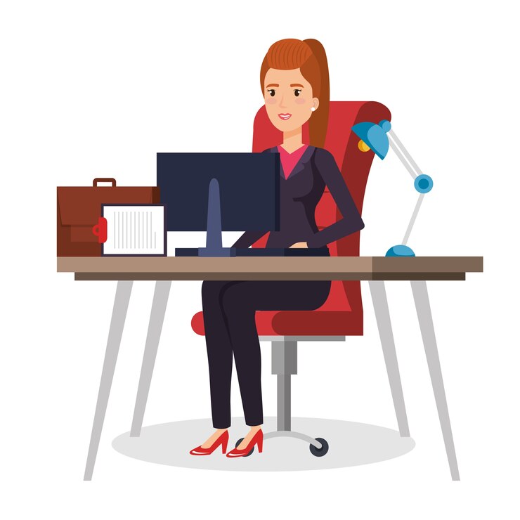 Vecteur femme d&#39;affaires assis au bureau