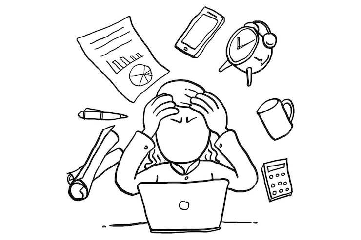 Vecteur femme d'affaires a beaucoup de tâches à accomplir concept de multitâche et de surréflexion conception d'illustration vectorielle de dessin animé